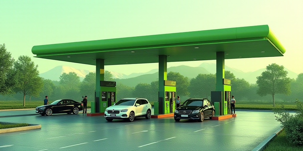a gas station with cars parked at the gas pumps and people standing around the gas pumps and cars wa