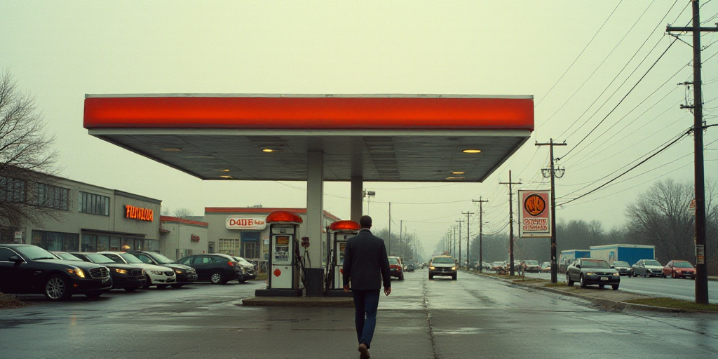 a gas station with cars parked on the side of the road and a man walking down the street in front of