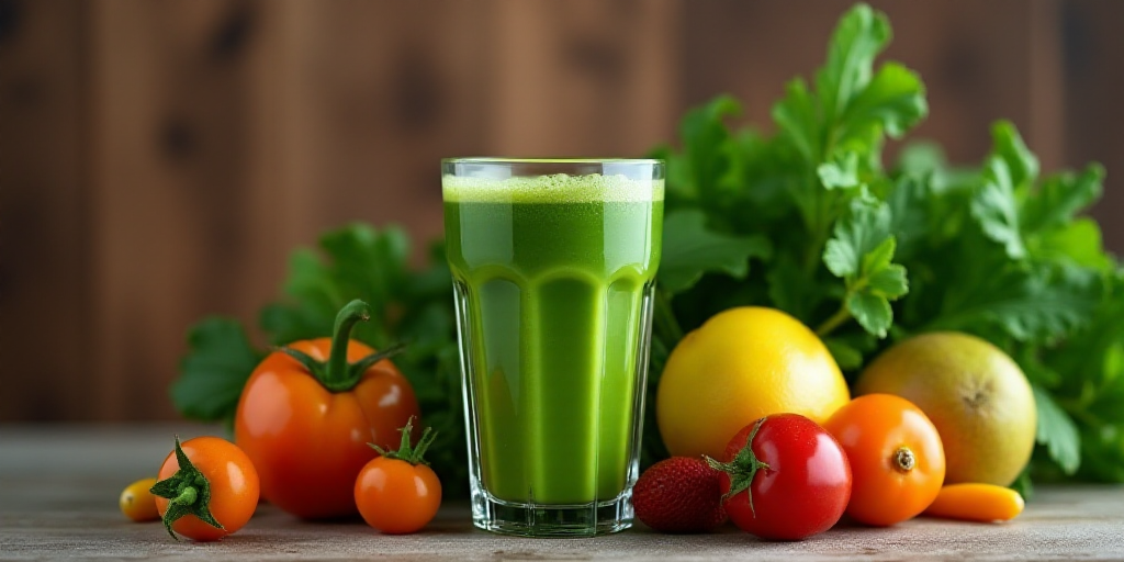 a glass of green juice next to a bunch of vegetables and fruit on a table with a wooden background,