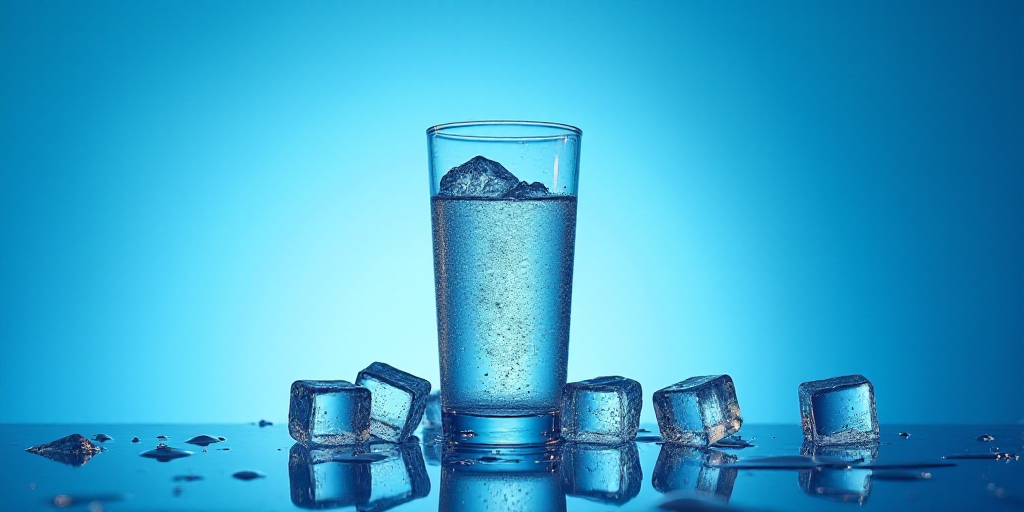 a glass of water with ice cubes around it on a blue surface with water droplets on it and a blue bac