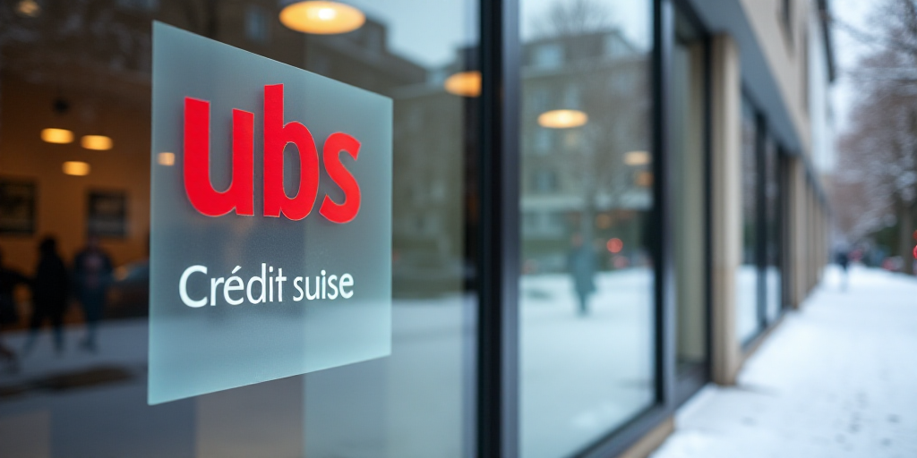 a glass window with a sign that reads ubs credit suise and a building in the background with snow on