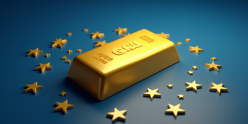 a gold bar with yellow bars on it and a blue background with gold stars around it and a blue backgro