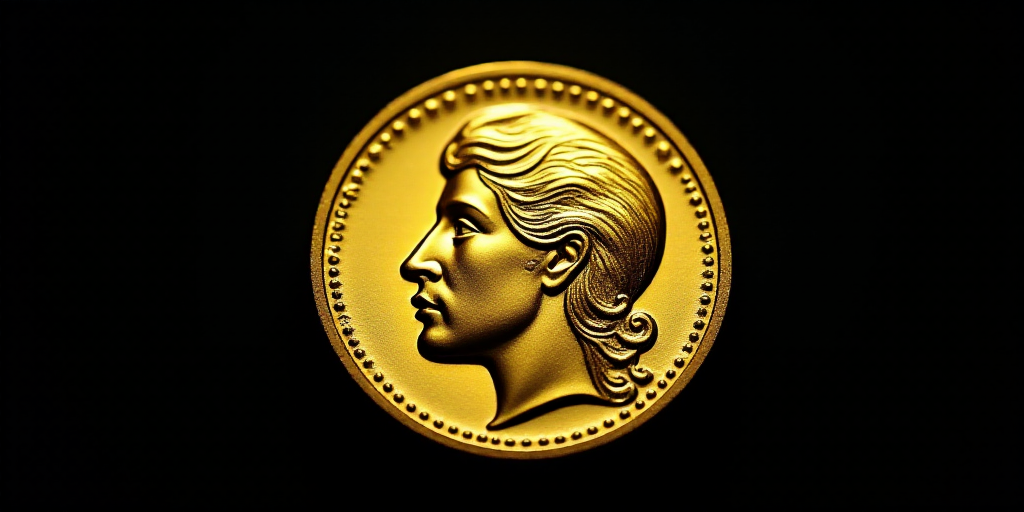 a gold coin with a face on it's side, with a black background and a black background, Aquirax Uno, m