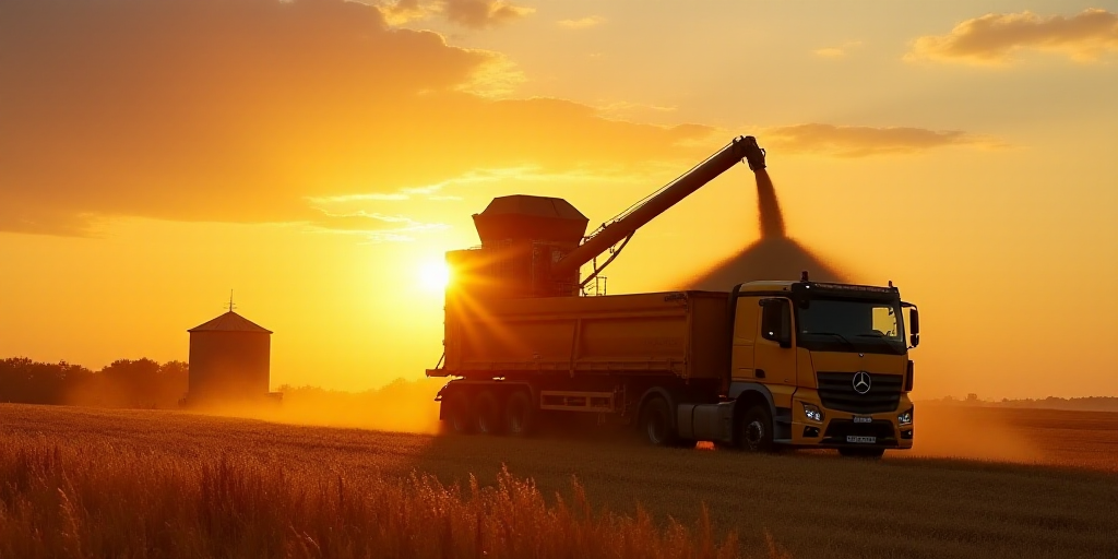a grain mill pouring grain into a large truck bed in a field at sunset or sunrise time, with a grain