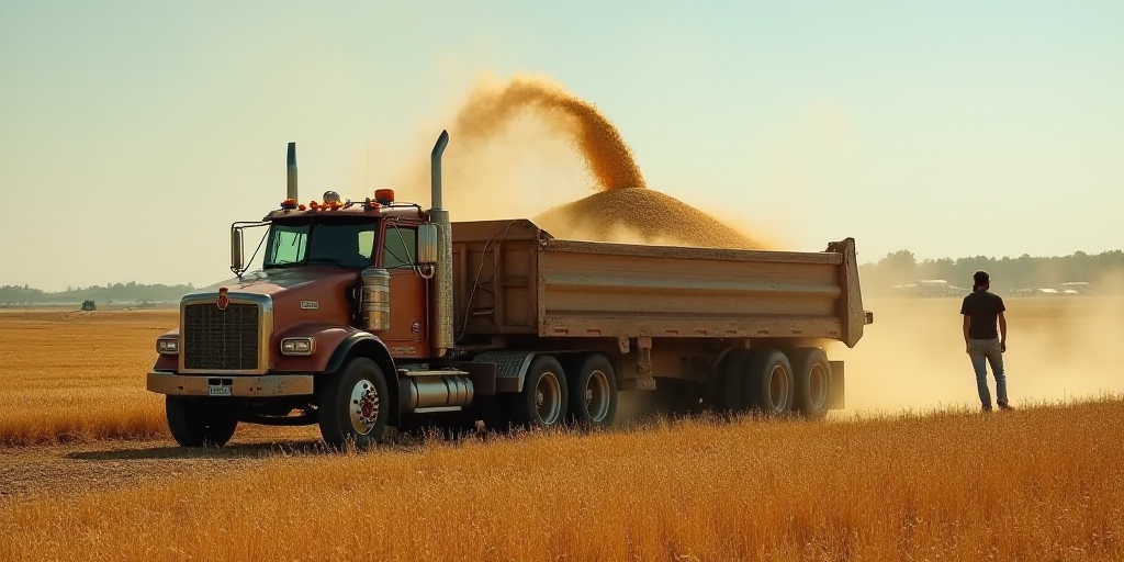 a grain truck is dumping grain into a truck bed on a farm field in the country side, with a man in t