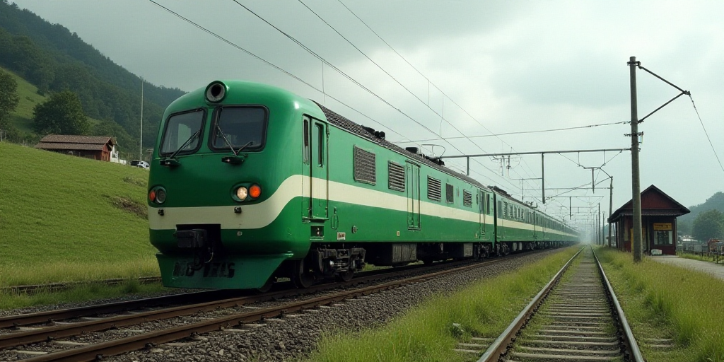 a green and white train traveling past a train station next to a hill of grass and trees on a cloudy