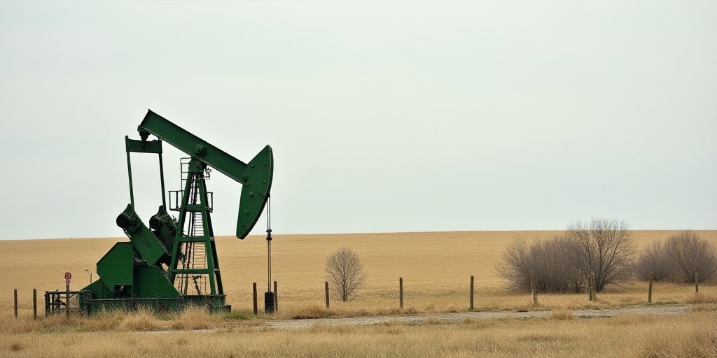 a green oil pump sitting in a field next to a fence and a dirt field with a few bushes, Clyfford Sti