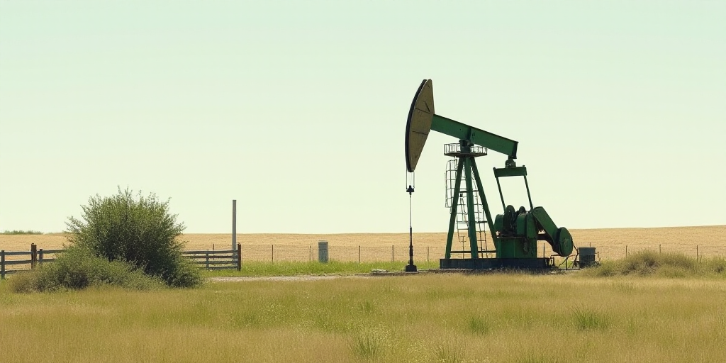 a green oil pump sitting in a field next to a fence and a dirt field with a few bushes, Clyfford Sti
