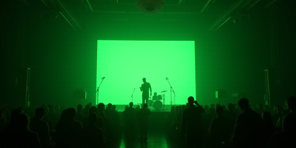 a green sign that is on a stage in a room with people sitting around it and a large screen behind it