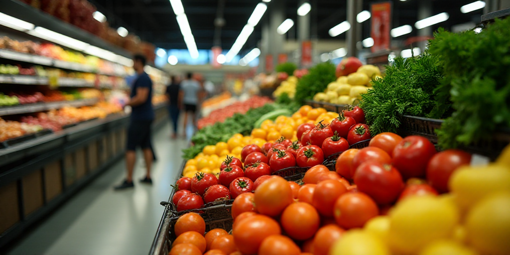a grocery store filled with lots of fruits and vegetables on display in a row with people shopping i