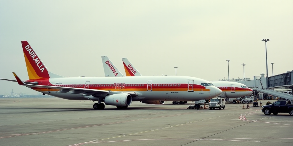 a group of airplanes parked at an airport terminal with luggage carts around them and a truck parked