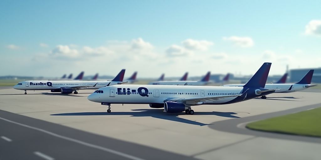 a group of airplanes parked on a runway at an airport with a sky background and a few other planes,