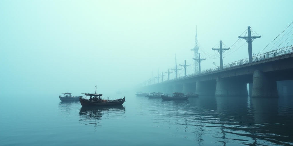 a group of boats floating on top of a body of water next to a bridge under construction on a cloudy