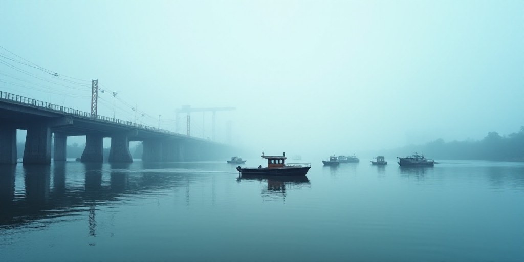 a group of boats floating on top of a body of water next to a bridge under construction on a cloudy