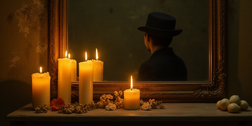a group of candles sitting on top of a table next to a mirror with a person in the background, Évar