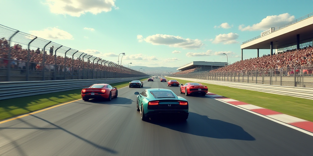 a group of cars driving down a race track in a race track with a sky background and a crowd of peopl
