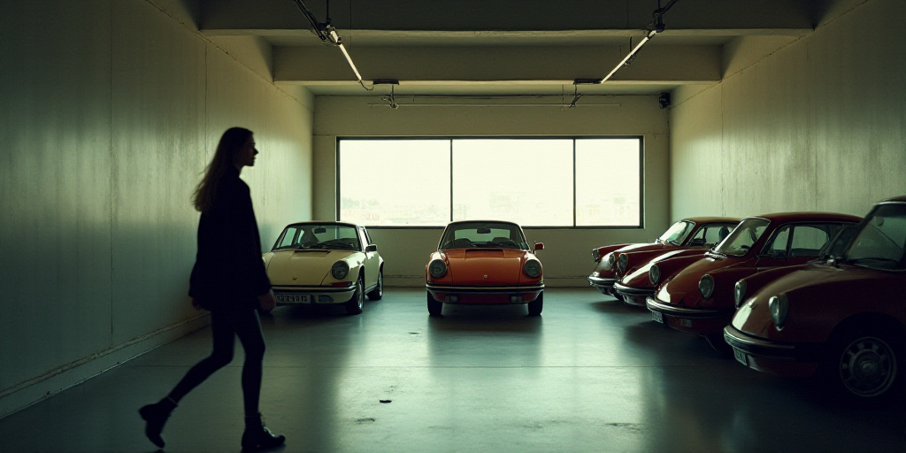 a group of cars parked in a garage next to each other in a building with a woman walking by, Artur G
