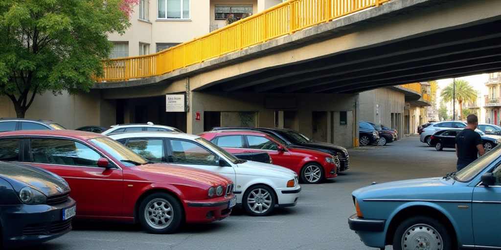 a group of cars parked under a bridge in a parking lot next to a building with a yellow railing, Cef