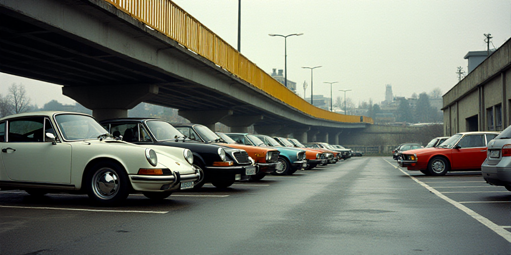 a group of cars parked under a bridge in a parking lot next to a building with a yellow railing, Cef