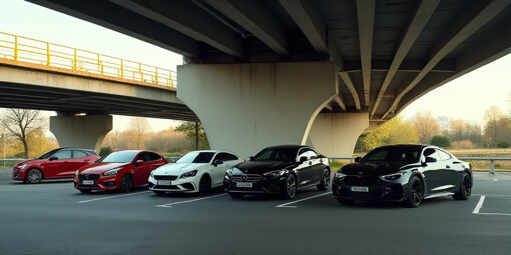 a group of cars parked under a bridge in a parking lot next to a building with a yellow railing, Cef