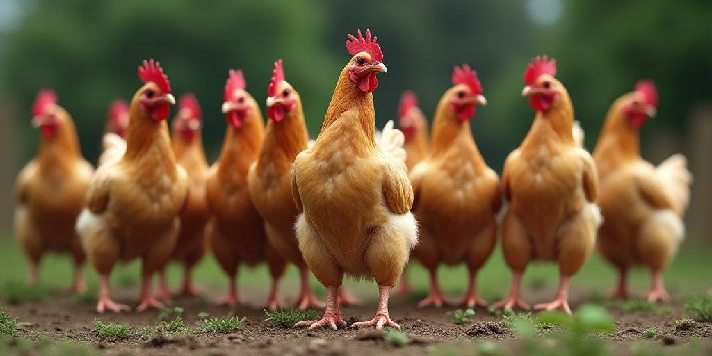 a group of chickens standing next to each other on a field of grass and dirt, with one chicken looki