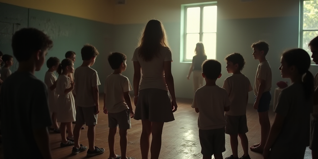 a group of children standing around each other in a room with a woman standing behind them and a man