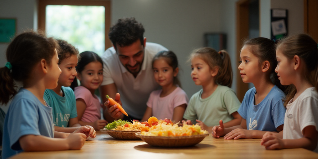 a group of children standing around a table with a basket of food in front of them and a man holding