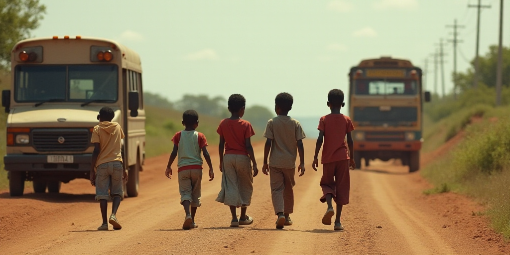 a group of children walking towards a bus on a dirt road with a bus in the background and a truck in
