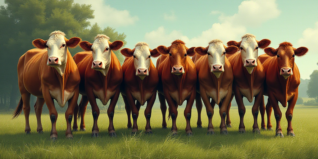 a group of cows standing next to each other on a field of grass and trees in the background, with a