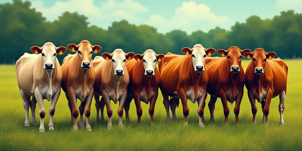 a group of cows standing next to each other on a field of grass and trees in the background, with a