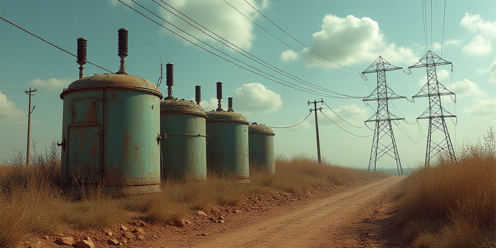 a group of electrical equipment sitting on top of a dirt field next to power lines and wires above t