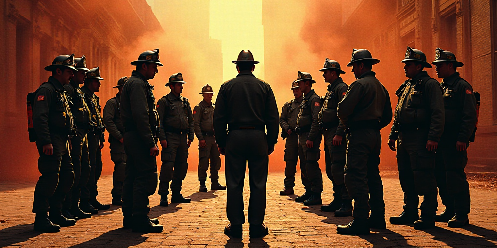 a group of firemen standing around a group of men in uniform and talking to each other on a brick wa