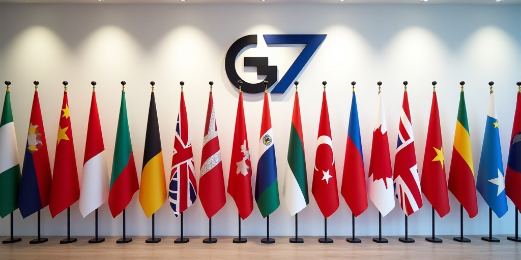 a group of flags are lined up in a row in front of a wall with the g7 logo, Art & Language, official