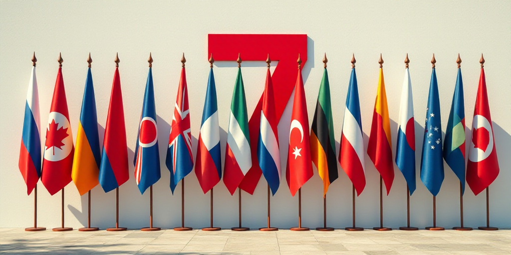 a group of flags are lined up in a row in front of a wall with the number seven on it, David Young C