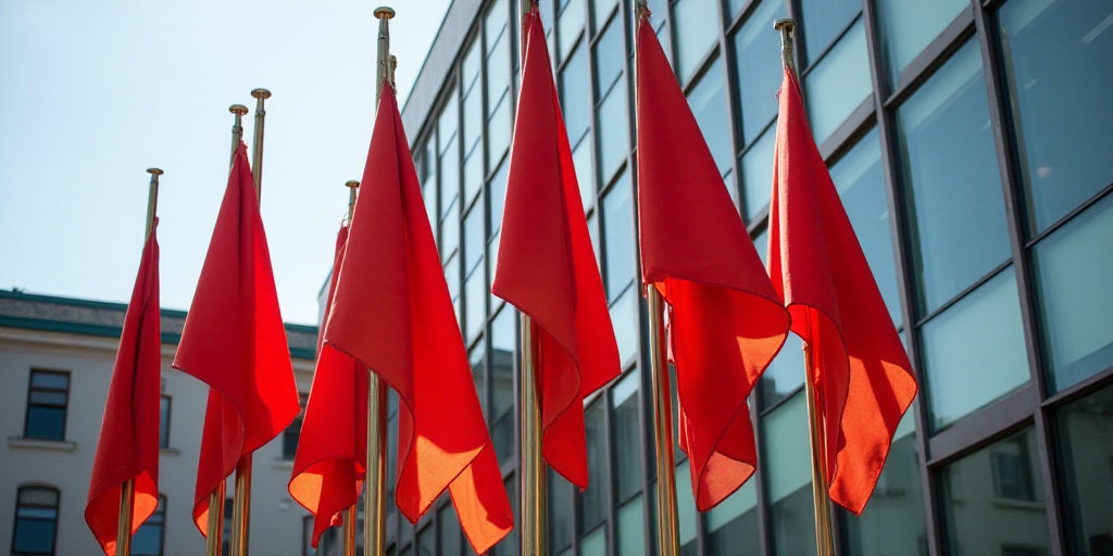 a group of flags flying in front of a building with a glass window in the background of the photo, F