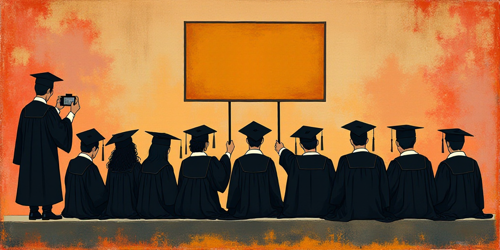 a group of graduates sitting in a row holding a sign and taking pictures of them in graduation caps