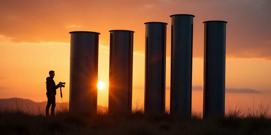 a group of large metal objects against a sunset sky with a person standing next to them holding a ca