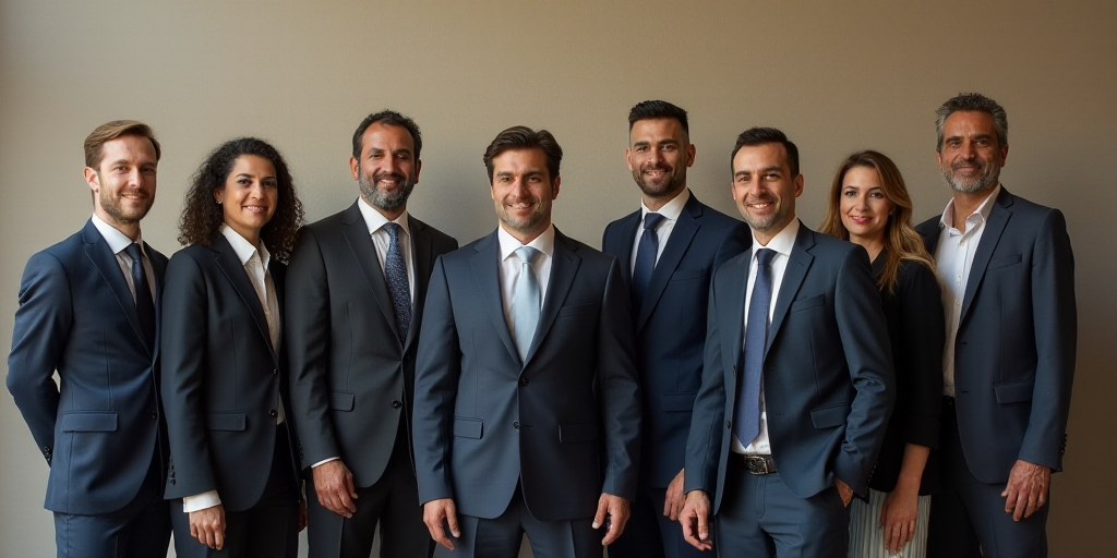 a group of men and women in business attire posing for a picture together with a man in a suit, Ahme