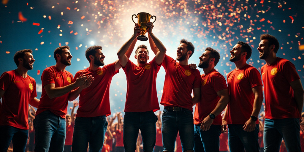 a group of men holding a trophy while standing on a stage with confetti in the air and confetti in t