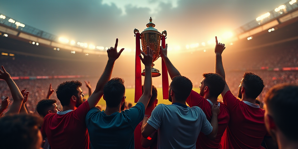 a group of men holding a trophy in front of a crowd of people in a stadium with their hands up, Carl