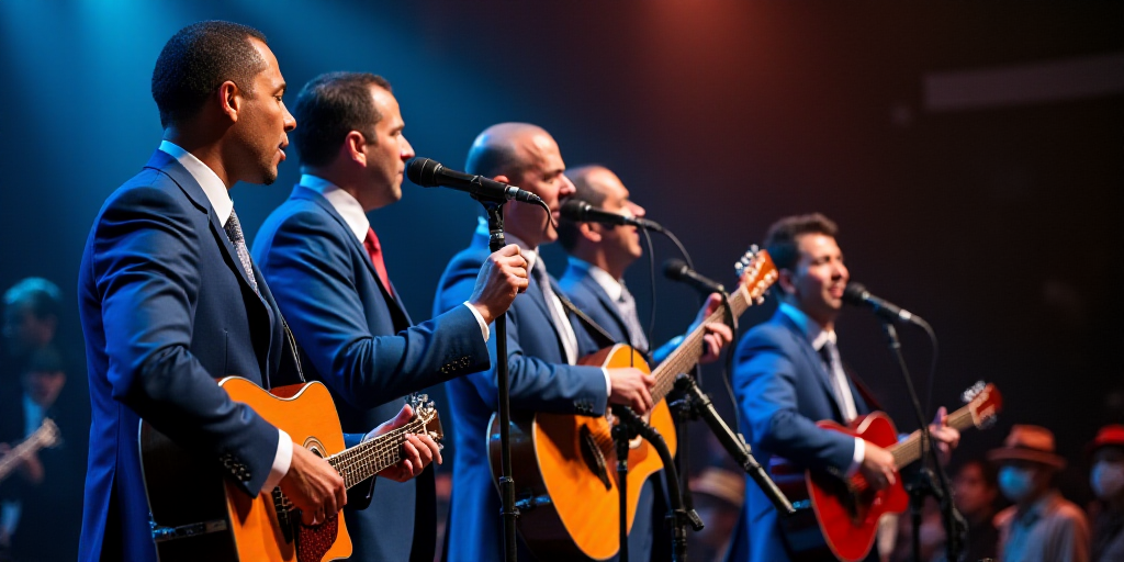 a group of men in blue suits and ties playing instruments and singing into microphones in front of a