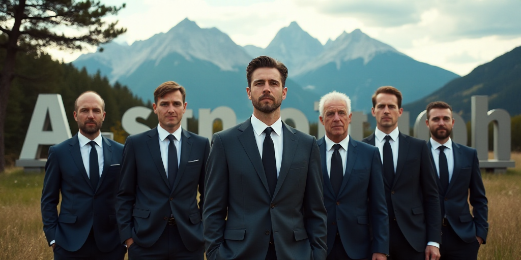 a group of men in suits and ties standing in front of a sign with mountains in the background and tr