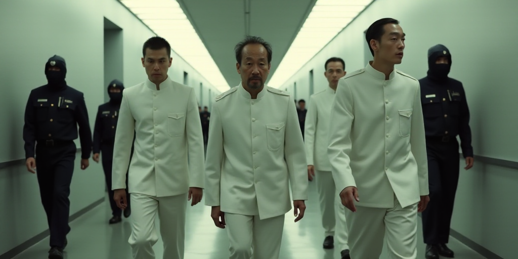 a group of men in white uniforms walking down a hallway with police in the background and a man in a