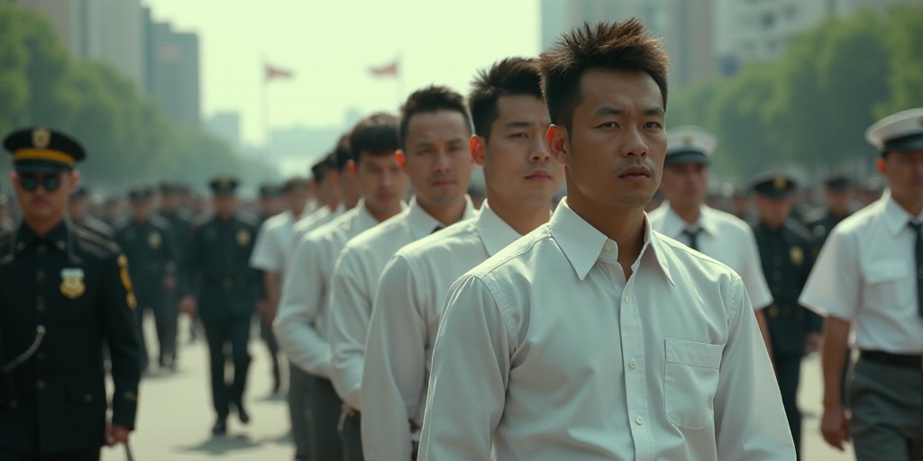 a group of men in white uniforms are walking in a line with police in the background and a man in a