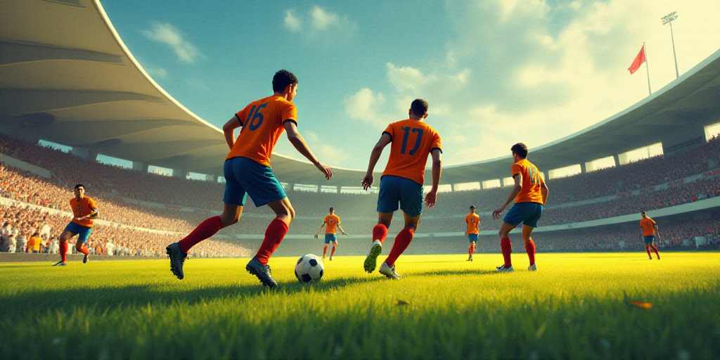 a group of men playing a game of soccer on a field with a crowd watching them from the stands, Carlo