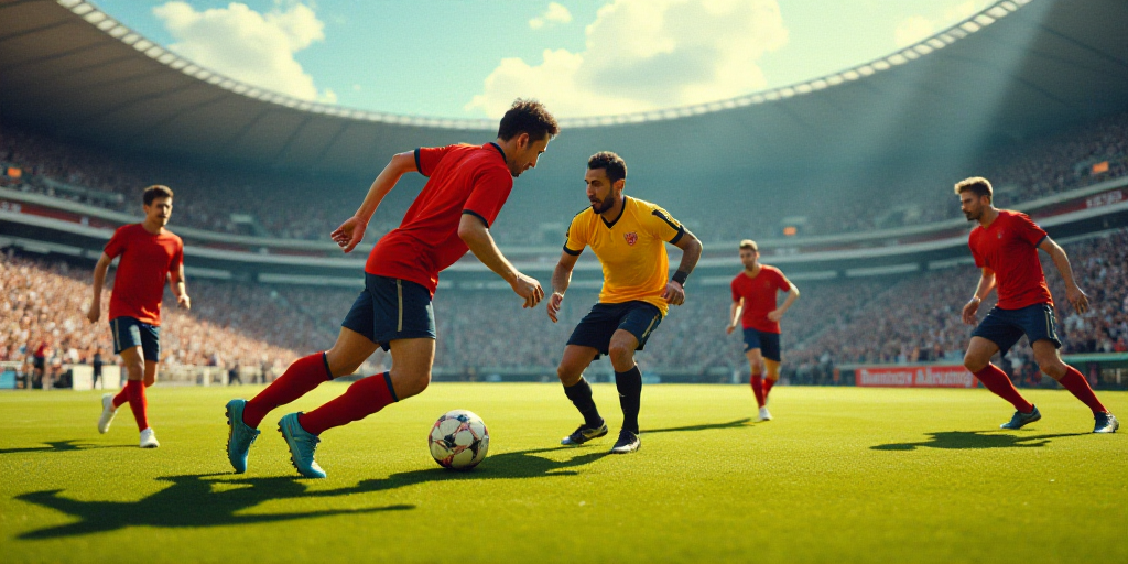 a group of men playing a game of soccer on a field with a crowd watching them from the stands, Feder