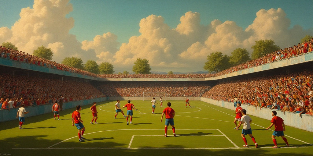 a group of men playing a game of soccer on a field with fans in the stands watching them from the st