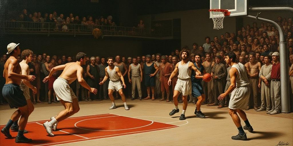 a group of men playing a game of basketball on a court with a crowd watching them from the stands, A