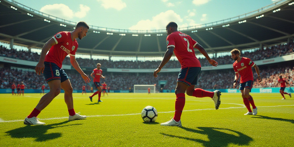 a group of men playing a game of soccer on a field with a crowd watching them from the stands, Carlo