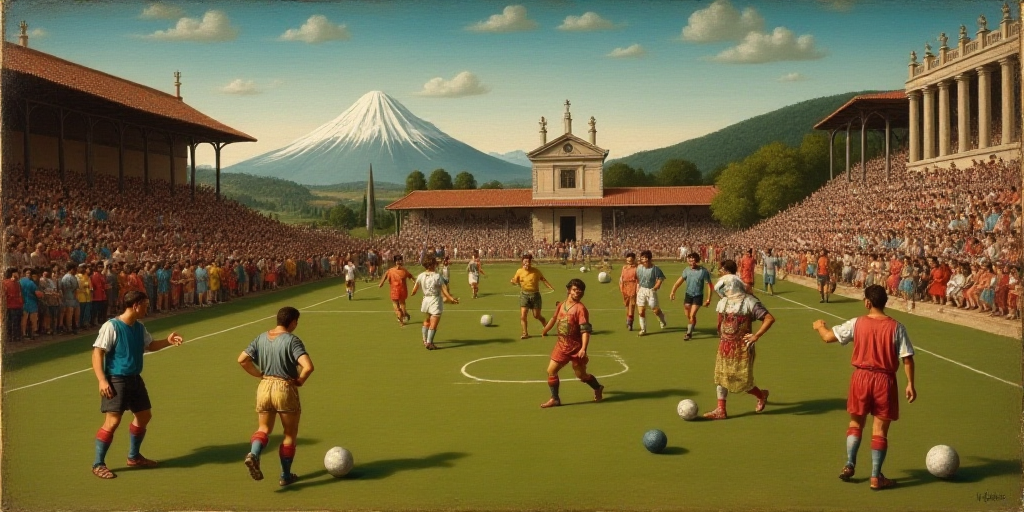 a group of men playing a game of soccer on a field with a crowd watching them from the stands, Feder